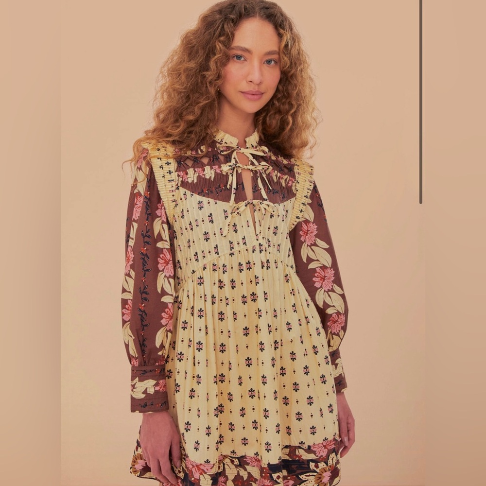 Farm Rio Ainika Maxi Floral Cream Open Yoke Mini Dress